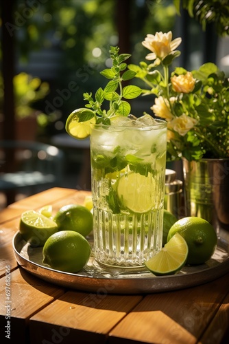 Mojito cocktail in glass with lime, lemon and mint. Refreshing and juicy taste.