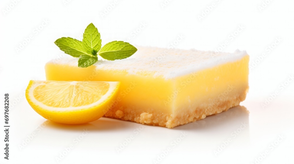buttery shortbread crust topped with a tangy lemon filling, isolated white, food photography, copy space, 16:9 buttery shortbread crust topped with a tangy lemon filling, isolated white, food photography, copy space, 16:9