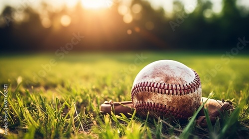 Baseball ball on green grass field with sunlight background and copy space, Soft focus background suitable for sports-related projects and designs.
 photo