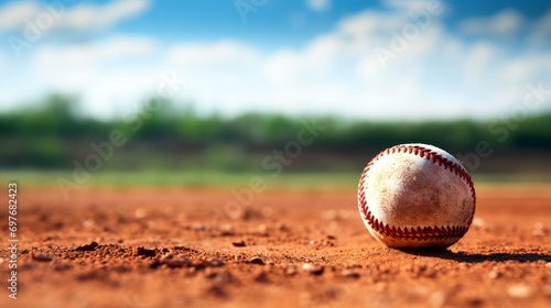 Baseball ball on green grass field with sunlight background and copy space, Soft focus background suitable for sports-related projects and designs. 