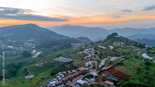 Aerial view of camping grounds and tents on Doi Mon Cham mountain in Mae Rim, Chiang Mai province, Thailand photo