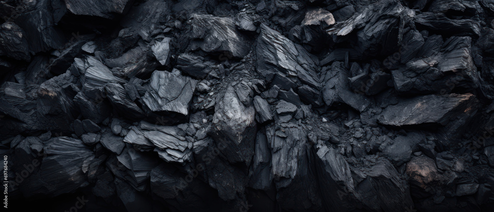 Close-up of a dark, heavy heap of varied coal.