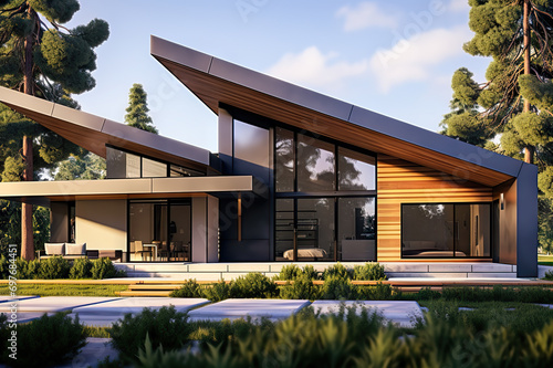 Elegance in Simplicity Modern Minimalist Ranch Style House with Timber Wood Cladding Exterior. created with Generative AI photo