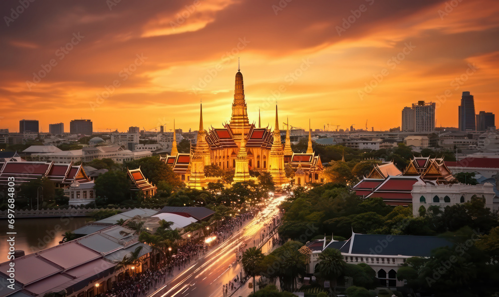 Grand Palace and Wat Phra Kaew Glowing in the Asian Sunset - A Landmark in Bangkok, Thailand. - obrazy, fototapety, plakaty 