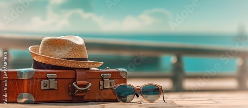 Fototapeta Naklejka Na Ścianę i Meble -  Vintage suitcase, sunglasses and hat on wooden table sea and beach blur background