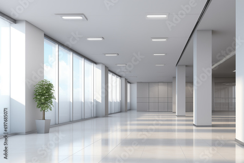 Modern office corridor with a blank illuminated wall for advertising. 3D mockup rendering