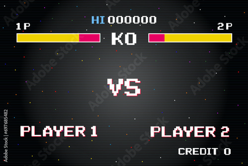 Versus Screen retro game on glitch background of analog tv.