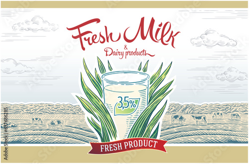 Glass filled with milk stands in the grass on an agricultural meadow, against the background of a rural landscape decorated with design elements for use as a design packaging milk products.