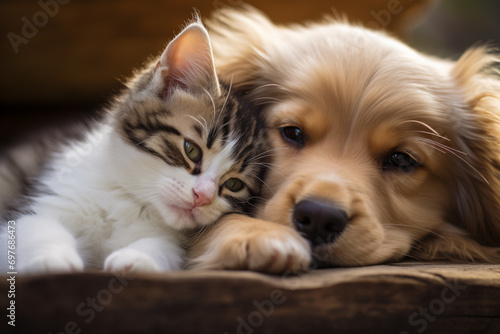 Puppy and kitten cuddling together, embodying cuteness and affection