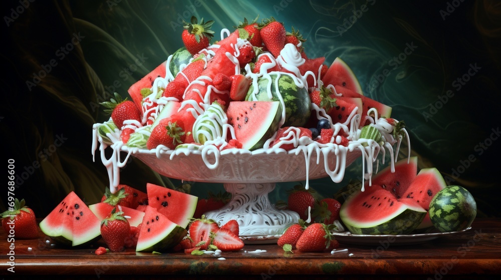 A visually appealing arrangement of sliced watermelons and strawberries adorned with artistic swirls of whipped cream, set against a backdrop of glistening droplets.