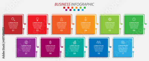 infographic 11 steps or parts, colorful square design with interconnected lines, great for business flow diagrams, banners and presentations