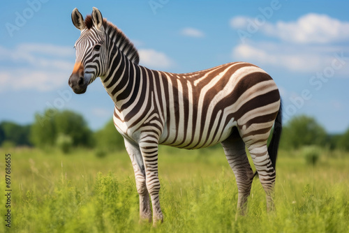 A Zorse a hybrid between a zebra and a horse in a natural field setting © Veniamin Kraskov