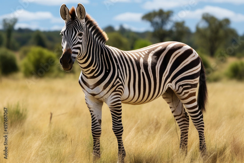 A Zorse a hybrid between a zebra and a horse in a natural field setting © Venka