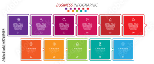 infographic 11 steps or parts, colorful square design with interconnected lines, great for business flow diagrams, banners and presentations