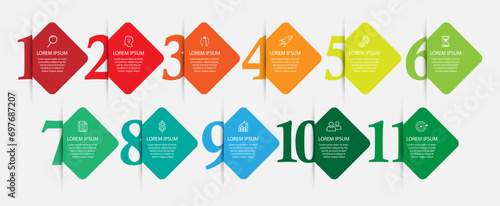 infographic 11 steps or parts, colorful square design with interconnected lines, great for business flow diagrams, banners and presentations