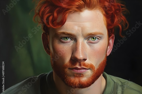 A portrait of a man with red hair, green eyes and rosy cheeks. Generative AI