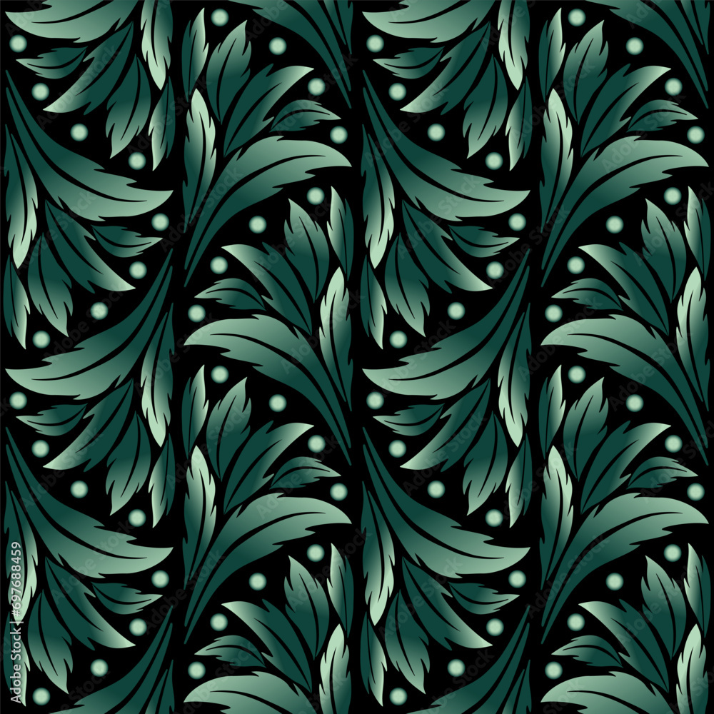 Seamless pattern in classic modern style. Delicate green colours on black background. Vintage leaves design. For printing wallpaper, giftpapers, textile.