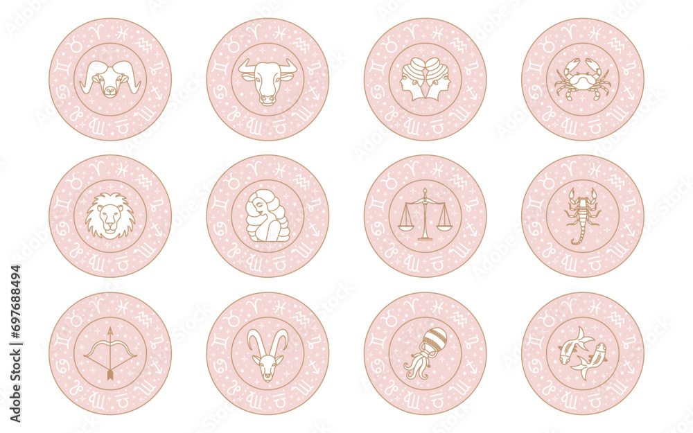 Zodiac astrology horoscope set. Celestial mystical zodiacal horoscope templates for logo, poster or card. - obrazy, fototapety, plakaty 