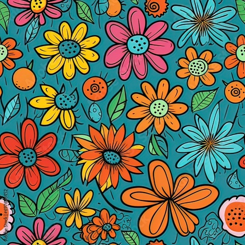 bright happy flower doodle seamless floral pattern