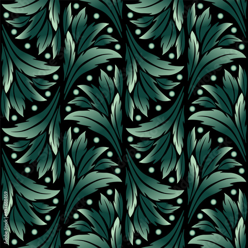 Seamless pattern in classic modern style. Delicate green colours on black background. Vintage leaves design. For printing wallpaper, giftpapers, textile.