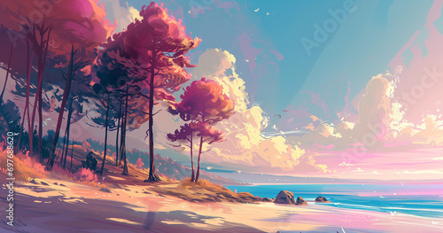 A vibrant painting of a serene beach at sunset, where trees sway in the gentle breeze and the ocean glimmers with natural beauty