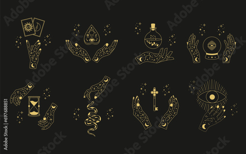 Celestial mystical moon and hands. Set of magic hands with celestial mystical esoteric symbols. Vector illustration.