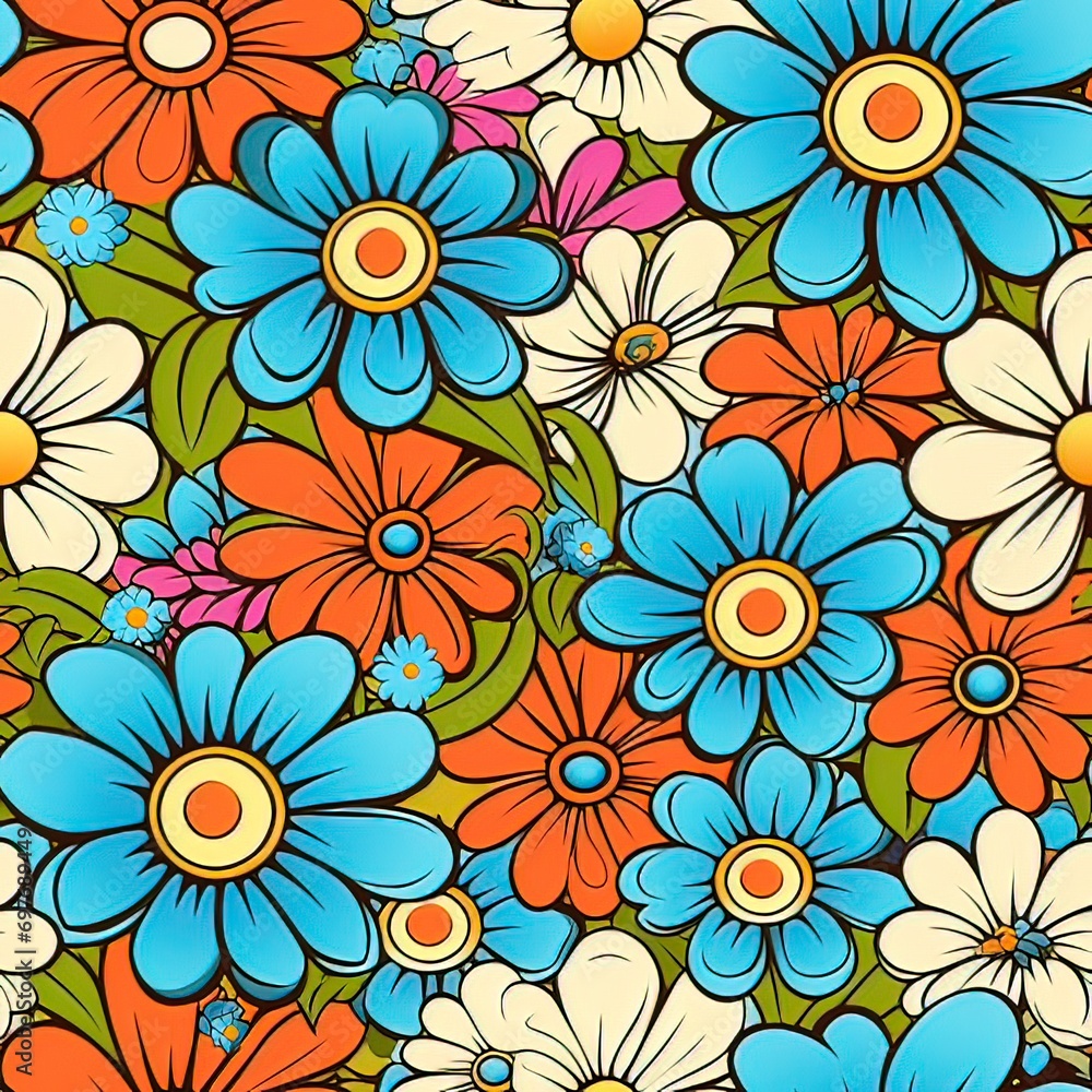 retro flowers 60s hippie pattern hand drawn, seamless pattern with flowers