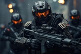 Futuristic army Combatants in a Firefight with Rifles and Protective Gear AI Generated
