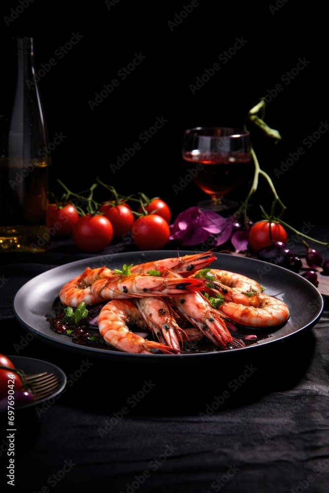 Fried or grilled shrimp with garlic, spices and oil served on a black plate Fried or grilled shrimp with garlic, spices and oil served on a black plate