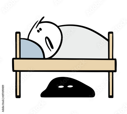 Unhappy, frightened child lies under a blanket at night and is afraid of a monster. Vector illustration of a nightmare. Cartoon scary animal is hiding under the bed.