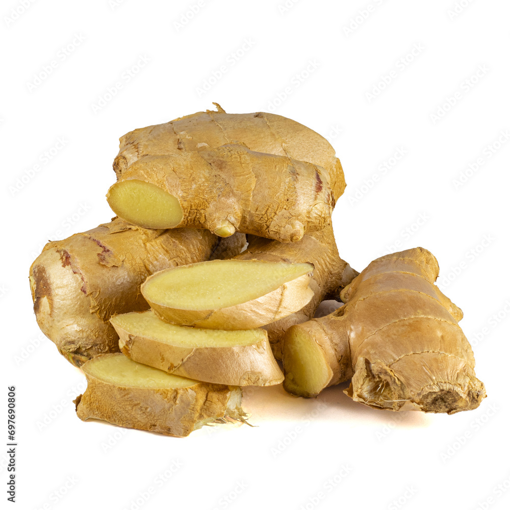 Fototapeta premium Fresh ginger rhizome with sliced isolated on white background. 