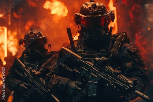 Futuristic army in Explosive Action A Photo Realistic Image of Special Forces in Combat AI Generated