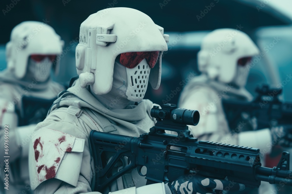 Fototapeta premium Futuristic army Combatants in a Firefight with Rifles and Photo Realistic Image of Soldier in Full Gear in Night AI Generated