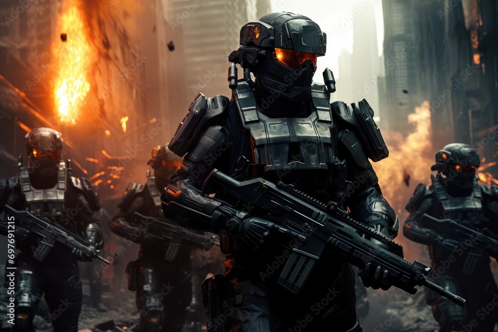 Futuristic army in Explosive Action A Photo Realistic Image of Special Forces in Combat AI Generated Futuristic army in Explosive Action A Photo Realistic Image of Special Forces in Combat AI Generated