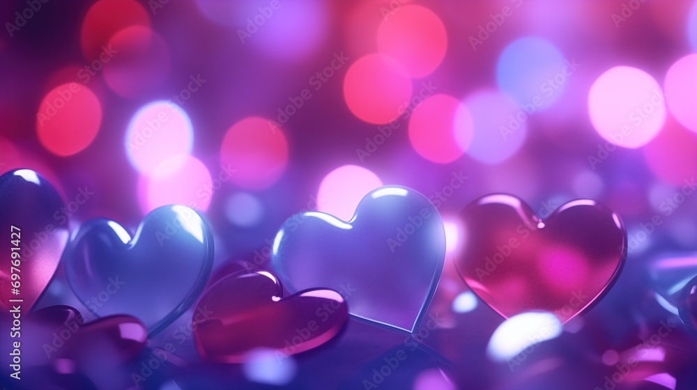 Light neon lighting bokeh valentine background, Abstract background with purple and pink hearts bokeh, Valentine's Day Wallpaper, generative ai