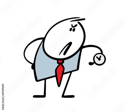 Strict boss looks at the clock with displeasure and waits for subordinate. Vector illustration of stickman in business suit waiting for businessmen to meet and checking the time.