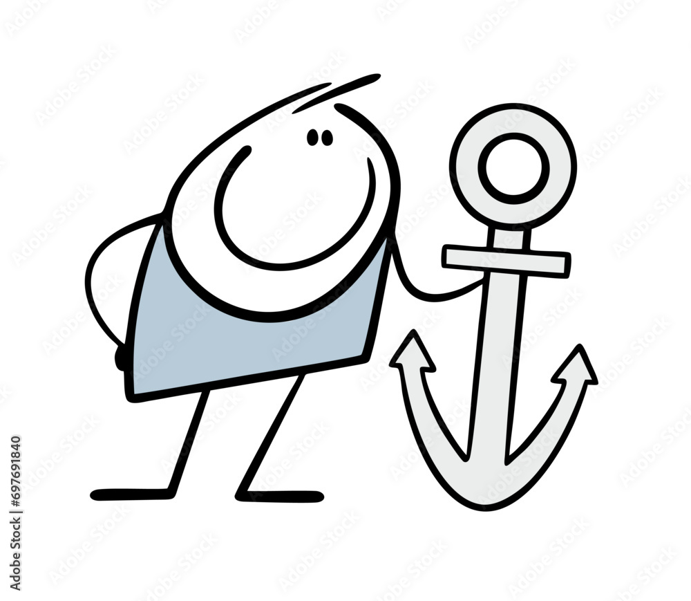 Stickman hugs a large anchor from cartoon naval vessel. The vector illustration of sailors is symbol of travel and adventure. Isolated character on white background. Stickman hugs a large anchor from cartoon naval vessel. The vector illustration of sailors is symbol of travel and adventure. Isolated character on white background.