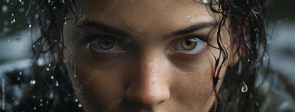 © Sudarshana - A closeup photo, direct and sharp eyesight look of a female with wet hair and raising out from water © Sudarshana - A closeup photo, direct and sharp eyesight look of a female with wet hair and raising out from water