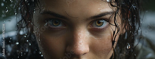 A closeup photo, direct and sharp eyesight look of a female with wet hair and raising out from water    photo