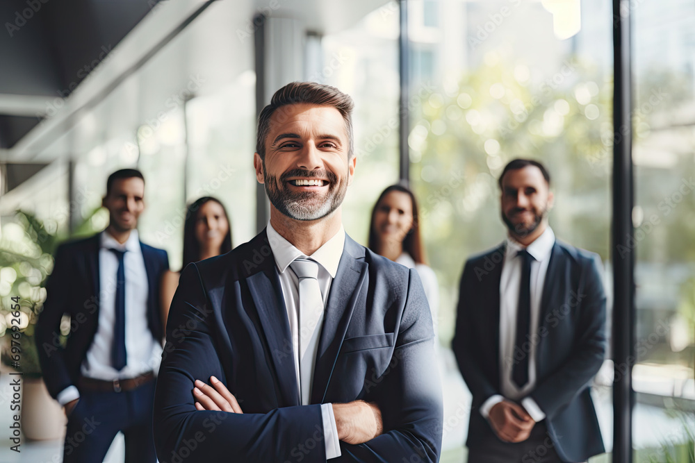Portrait of confident mature businessman standing in front of his business team Portrait of confident mature businessman standing in front of his business team