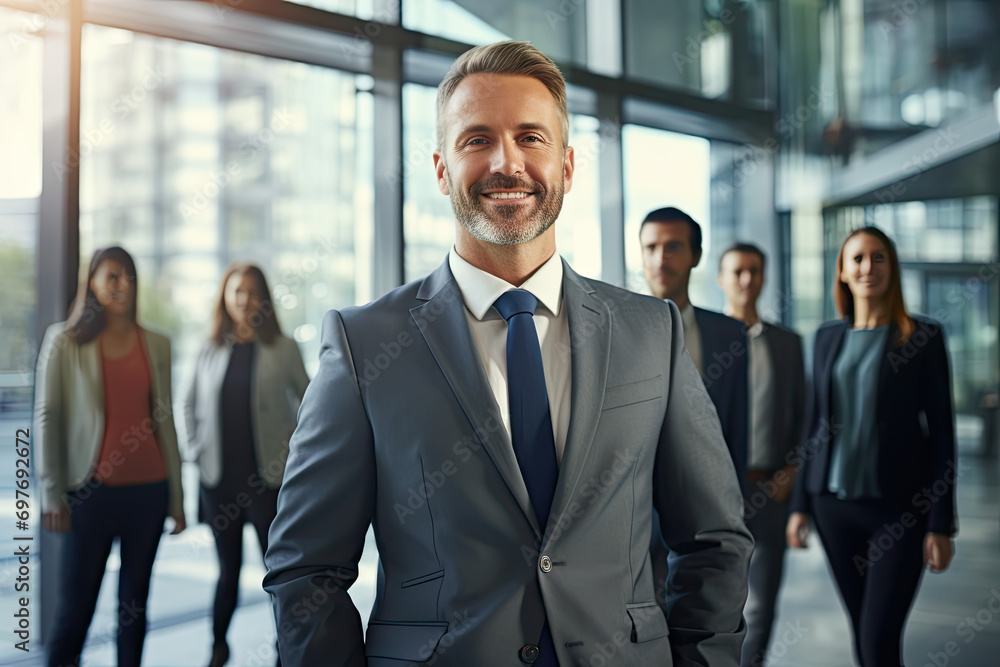 Portrait of confident mature businessman standing in front of his business team Portrait of confident mature businessman standing in front of his business team