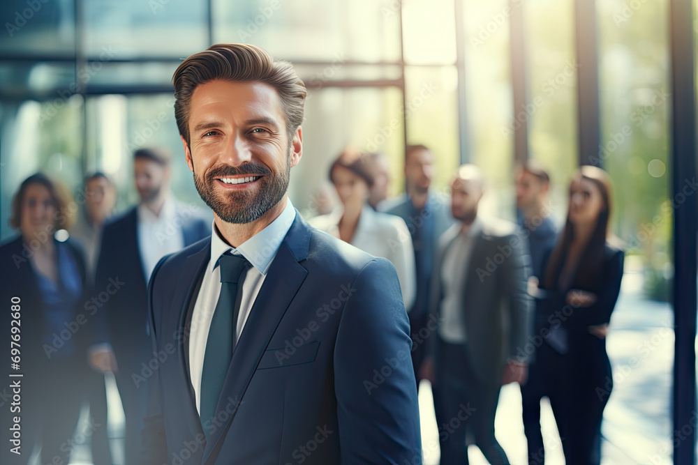 Portrait of confident mature businessman standing in front of his business team Portrait of confident mature businessman standing in front of his business team