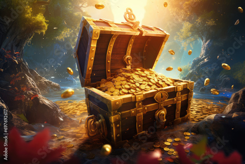 Treasure chest full of gold coins. Treasure concept. 3d rendering