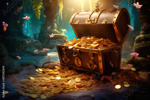 Treasure chest full of gold coins. Treasure concept. 3d rendering