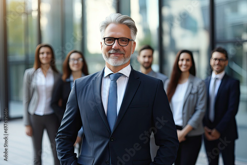 Portrait of confident mature businessman standing in front of his business team