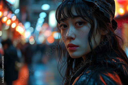 Mysterious Woman with Beret - Captivating City Lights Portrait