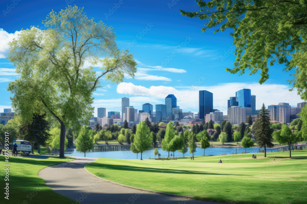 Green park and city skyline with blue sky background. Vector illustration.