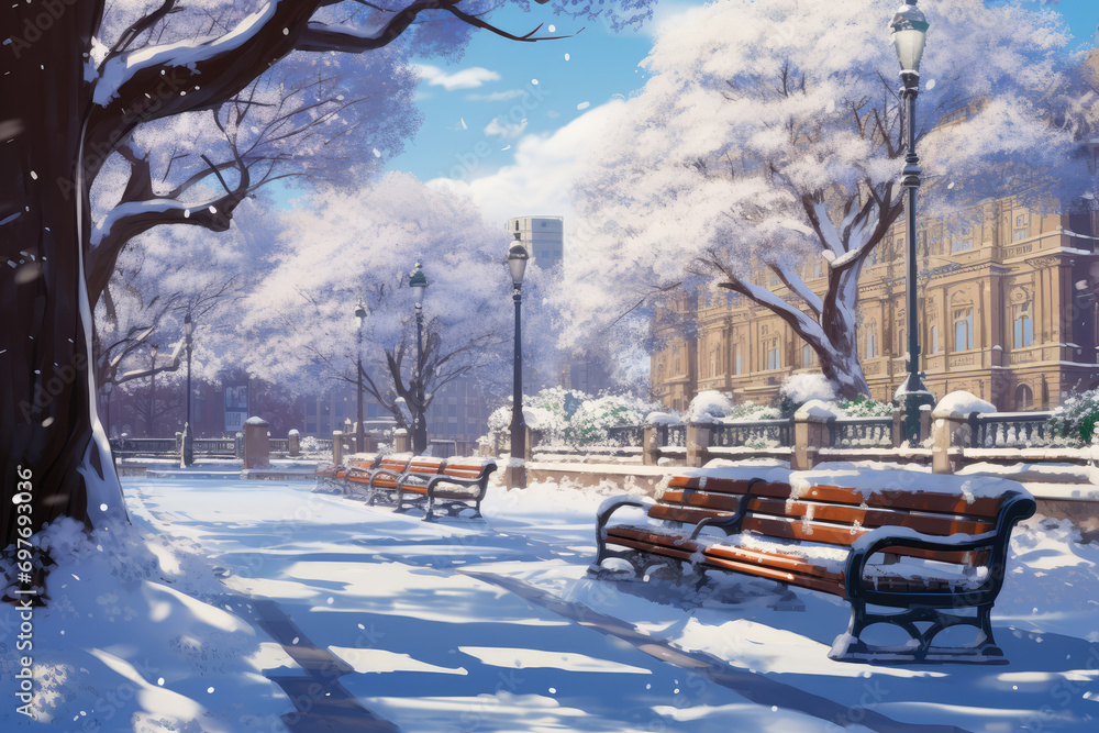 Winter city park with snow covered trees and benches Winter city park with snow covered trees and benches