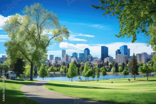 Green park and city skyline with blue sky background. Vector illustration.