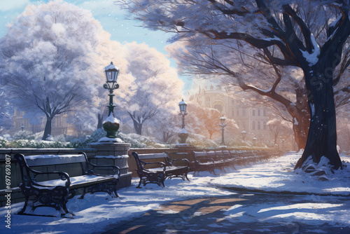 Winter city park with snow covered trees and benches